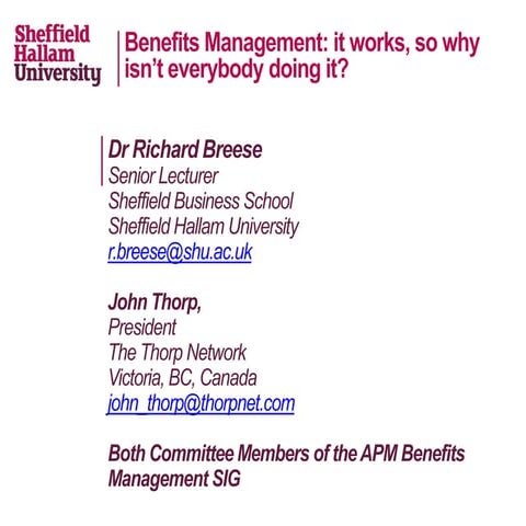 Benefits Management: it works, so why isn’t everybody doing it? Webinar, 10th...