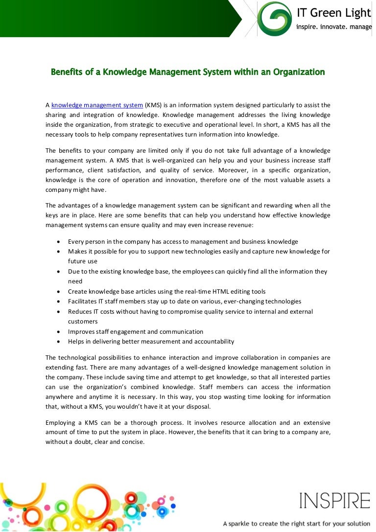 Benefits of a knowledge management system within an ...