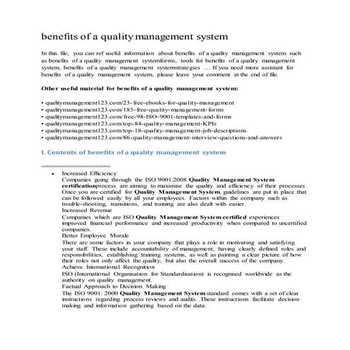 Benefits of a quality management system