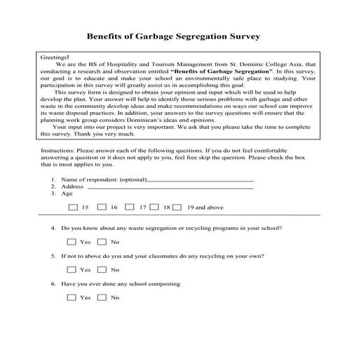 Benefits of garbage segregation survey
