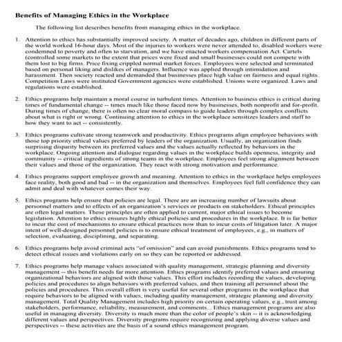 Benefits Of Managing Ethics In The Workplace