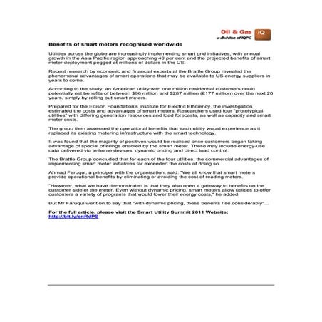 Benefits of smart meters recognised worldwide