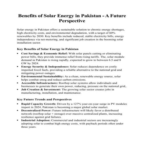 Benefits of Solar Energy in Pakistan A Future Perspective | DOCX