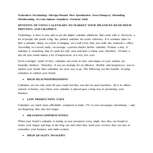 BENEFITS OF USING CALENDARS TO MARKET YOUR BRAND BY RUSH HOUR PRINTING AND GRAPHICS 