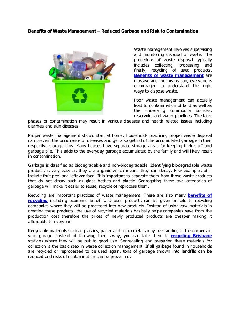 Benefits of Waste Management Reduced Garbage and Risk to Contaminat…