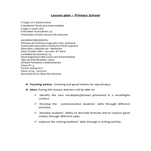 Lesson Plan Primary School. Class 3
