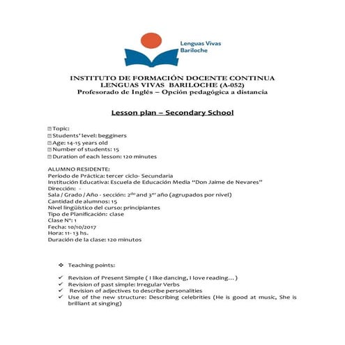 Lesson Plan Secondary School Practicum. Class 1 