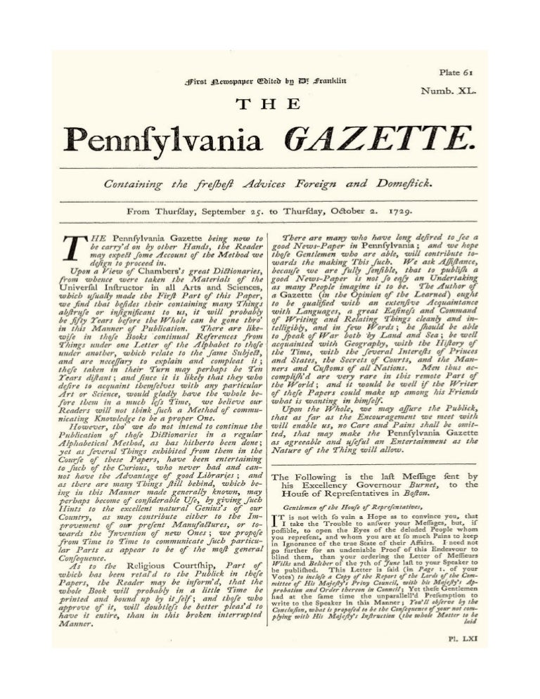 Benjamin Franklin's Pennsylvania Gazette Newspaper