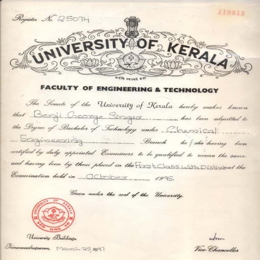 B.Tech Degree in Chemical Engineering 