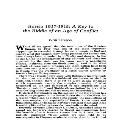 Benson, ivor russia 1917-1918 a key to the riddle of an age of conflict ...