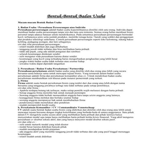 Bentuk-Bentuk Badan Usaha (Kewirausahaan)
