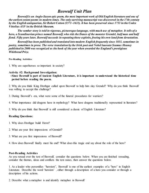 Lesson Plan On Beowulf | PDF