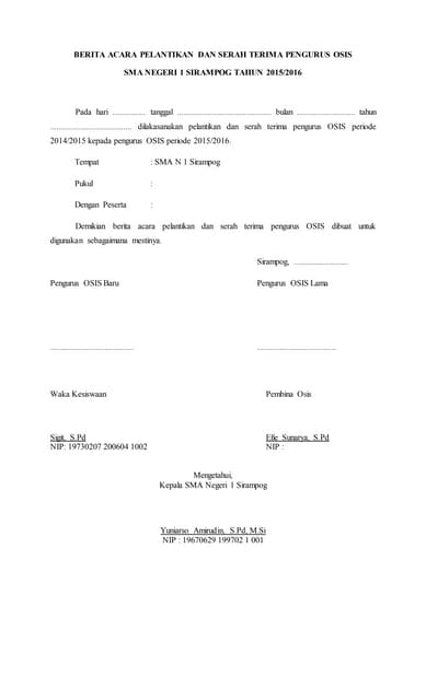 Berita acara pelantikan dan serah terima pengurus osis | PDF