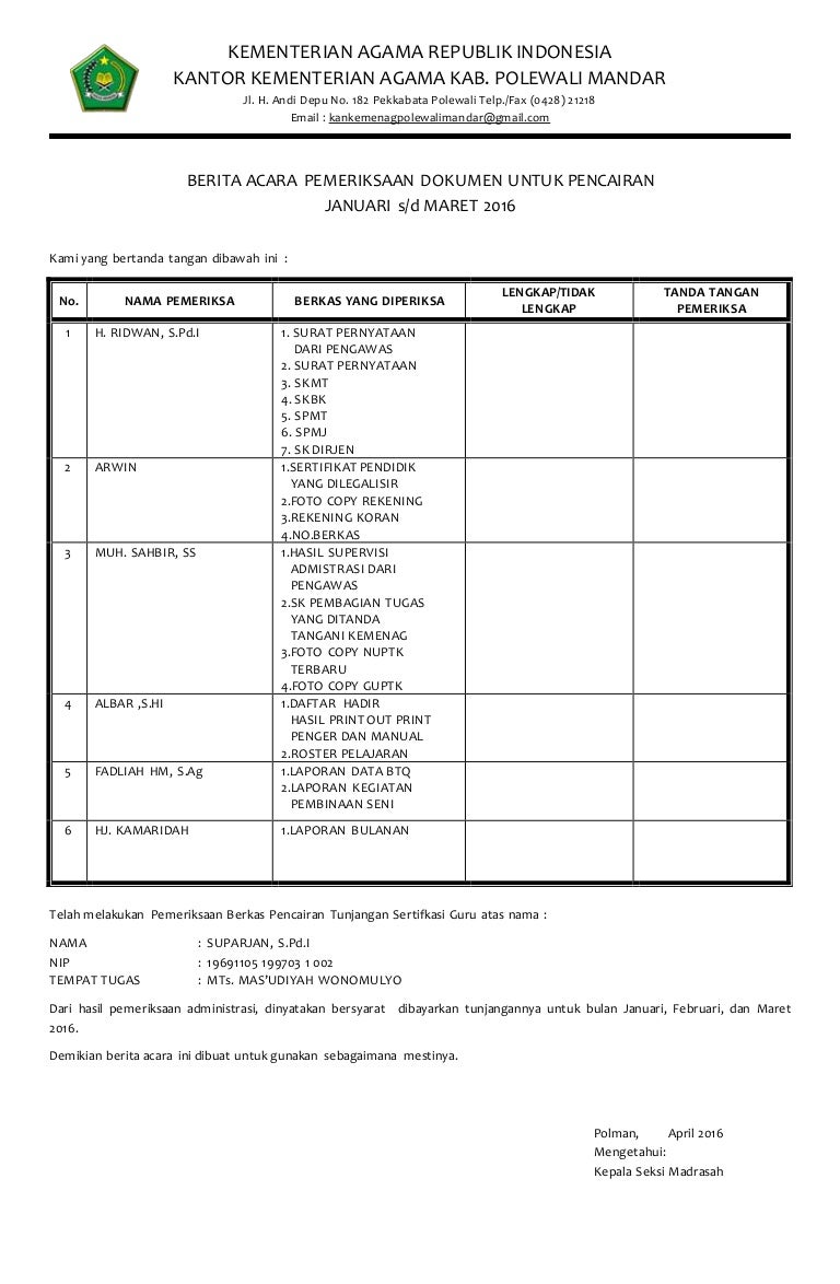 Berita acara pemeriksaan dokumen untuk pencairan oktober 2015