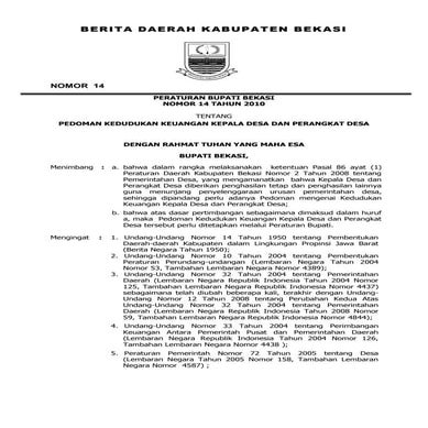 Berita Daerah Kabupaten Bekasi  No 14 tentang pedoman kedudukan keuangan kepa...