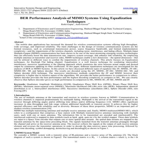 Ber performance analysis of mimo systems using equalization