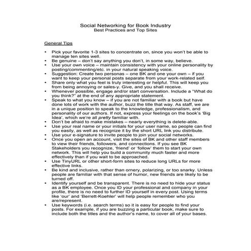 Berrett-Koehler Social Networking Best Practices