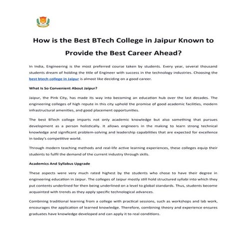 Best BTech College in Jaipur Known to Provide the Best Career Ahead.