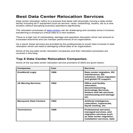 Comprehensive Guide to Top Data Center Relocation Services in 2025 | PDF