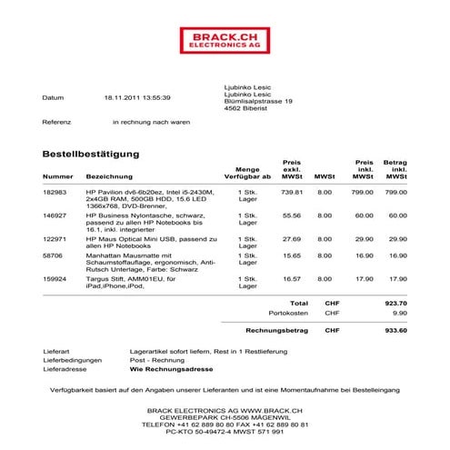 Bestellbestätigung