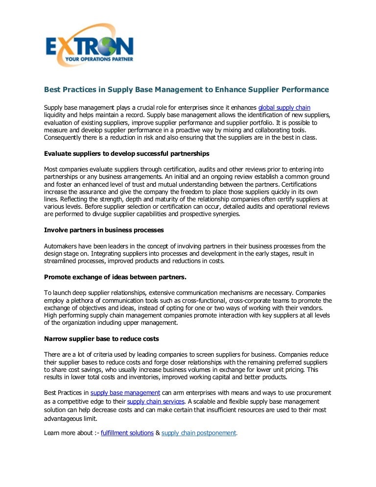 Best practices in supply base management to enhance supplier performa…