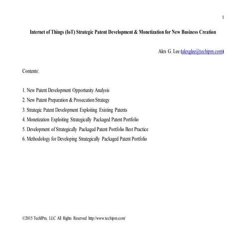 Internet of Things (IoT) Strategic Patent Development and Monetization for Ne...