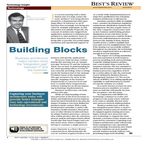 Building Blocks: Business Architecture, Best's Review, June 2010
