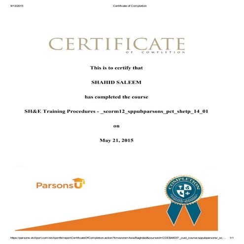 Certificate of SH&E training procedures