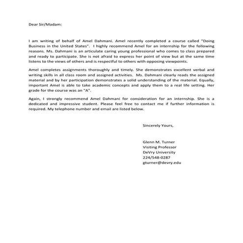 recommendation letter M. Glen Turner