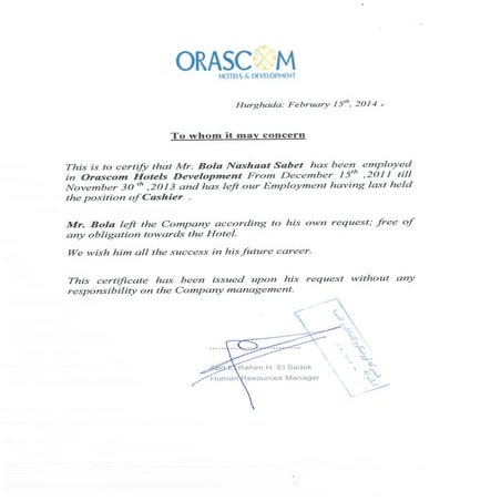 شهادة الخبرة اوراسكوم