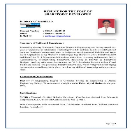 HIDDAYAT RESUME-SHAREPOINT DEVELOPER