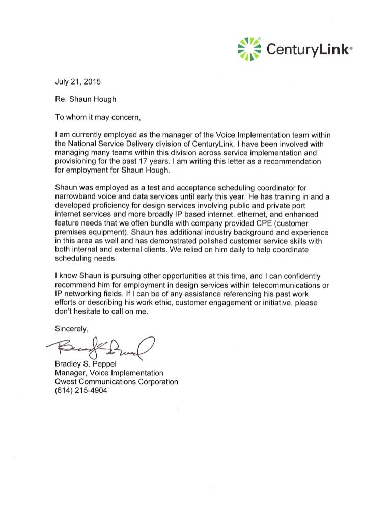 Centurylink Letter of Recommendation - Brad Peppel