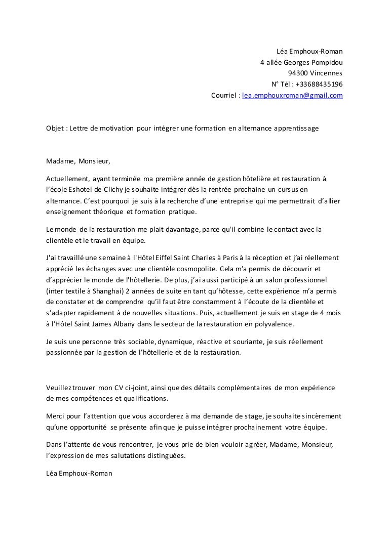 Lettre De Motivation Ecole Hoteliere