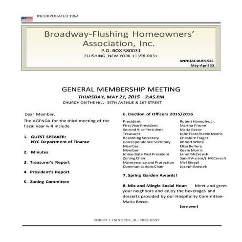 BFHA May 2015 Meeting Notice
