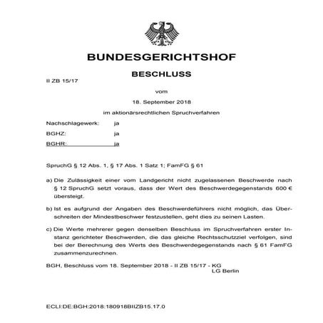 BGH zum Beschwerdewert in Spruchverfahren