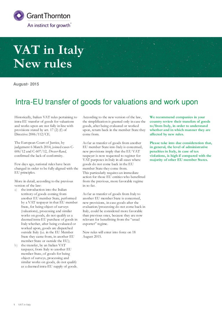 Italy New VAT rules on IntraEU transfer of goods for valuations and…