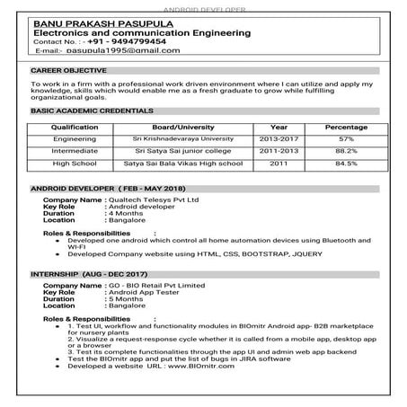 Android Developer Resume Fresher