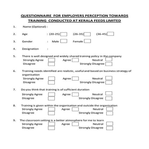Questionnaire for employers perception towards training