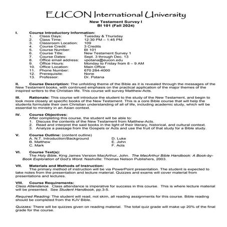 BI 101 New Testament Survey I; Course Syllabus Fall 2024; Dr. Potana.pdf