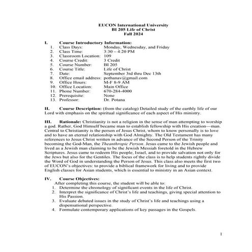 BI 205 Life of Christ Syllabus; Course Syllabus Fall 2024; Dr. Potana.docx
