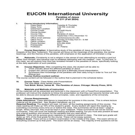 BI 211; Parables of Jesus; Course Syllabus Fall 2024; Dr. Potana.docx