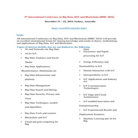 5th International Conference on Big Data, IOT and Blockchain (BIBC 2024)