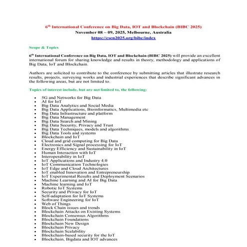 CFP-6th International Conference on Big Data, IOT and Blockchain (BIBC 2025)