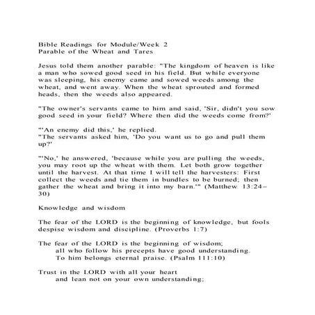 Bible Readings for ModuleWeek 2Parable of the Wheat and Tares | DOCX