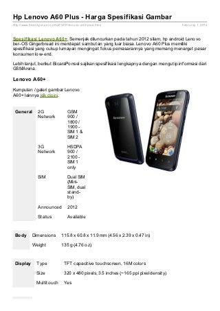 Spesifikasi Lenovo A60 Plus Spesifikasi Lenovo A60 Plus