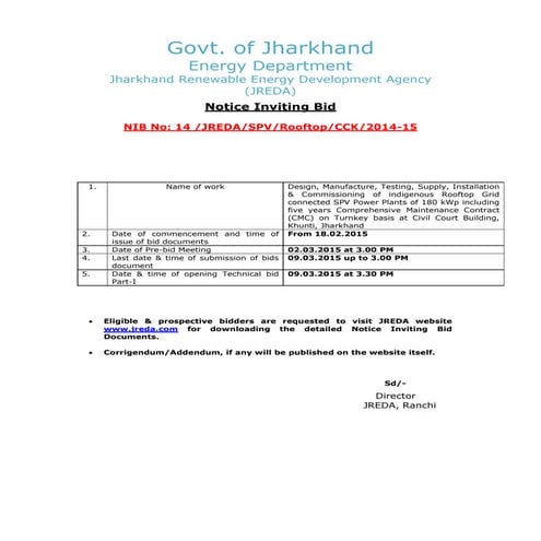 Bid document for Solar Plant in Jharkhand
