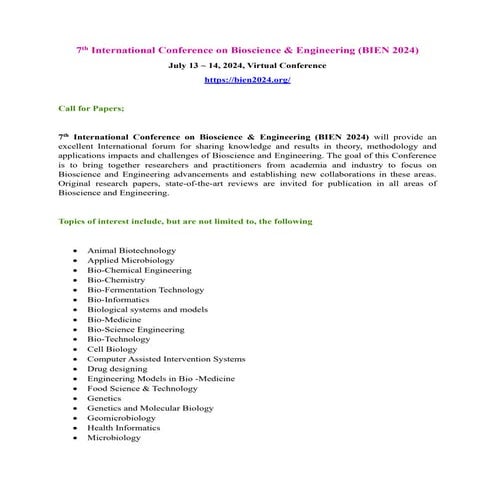 7th International Conference on Bioscience & Engineering (BIEN 2024)