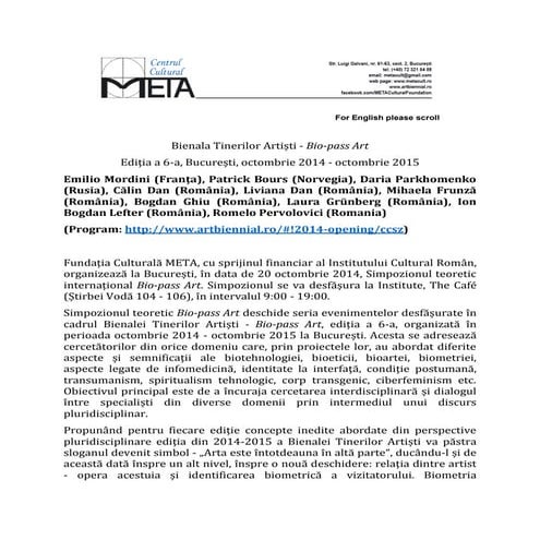 Bienala tinerilor artiști, ediția a vi a, 2014 - 2015 - anunț simpozion teore...