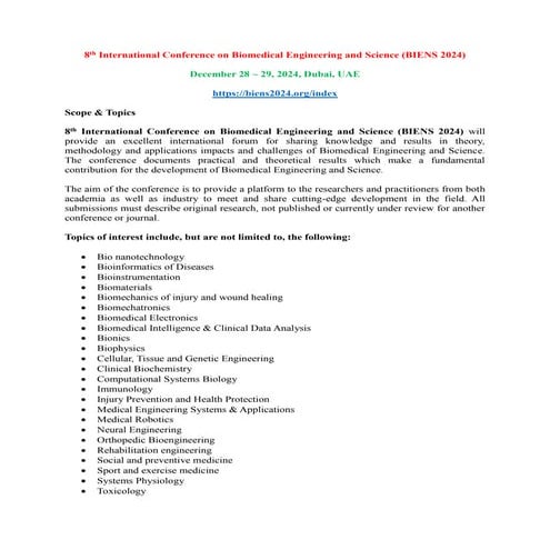 8 th International Conference on Biomedical Engineering and Science (BIENS 2024)