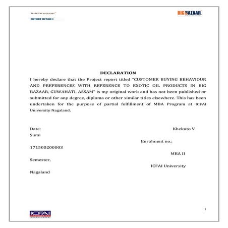 Big Bazaar Summer Internship Report MBA 2015-2017